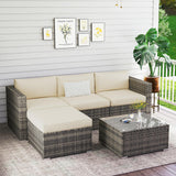 Wisteria Lane 5 Piece Outdoor Patio Furniture Set, All Weather Wicker Rattan Sectional Sofa Conversation Set with Cushions & Glass Coffee Table, Ideal for Backyard Porch Garden Balcony, Beige Wisteria Lane