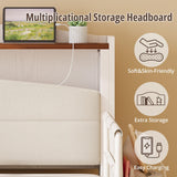 IRONCK Twin Bed Frame with Rails, Farmhouse Platform Bed with 2 Drawers, Upholstered StorageHeadboard & Charging Station for Boys Girls Teens, No Box Spring Needed, White/Walnut IRONCK