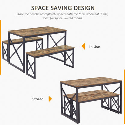 VECELO Kitchen Table with 2 Benches for 4, 43.3'' Wood Dining Room Dinette Sets with X Metal Frame for Breakfast Nook and Small Space, Brown - WoodArtSupply