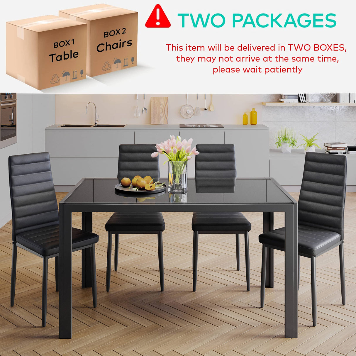 Gizoon 5 Piece Glass Dining Table Set, Kitchen and Chairs for 4, PU Leather Modern Room Sets for Home, Kitchen, Living Room Gizoon