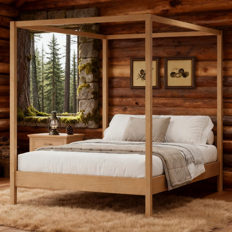 JIJIWANG Solid Wood King Size Canopy Bed Frame Four Poster Platform Bed with Slats Support, No Box Spring Needed, Natural JIJIWANG