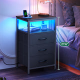 Huuger Night Stand with Charger Station and LED Lights, 3 Drawer Nightstand, Bed Side Table with Open Shelf, End Table, Tall Fabric Dresser for Bedroom, Black Huuger