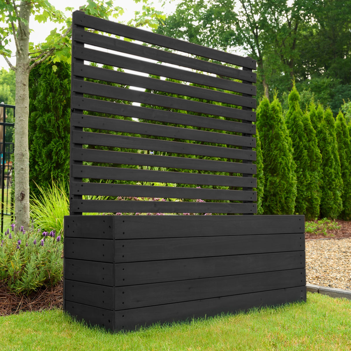 4 ft H x 3.5 ft W x 1.2 ft L Enclo Wood Privacy Screen with Planter Box, Raised Garden Bed with Trellis for Climbing Plants Outdoor, Privacy Planter for Patio, Balcony or Deck, Tacoma Charcoal EC18048 Enclo Privacy Screens