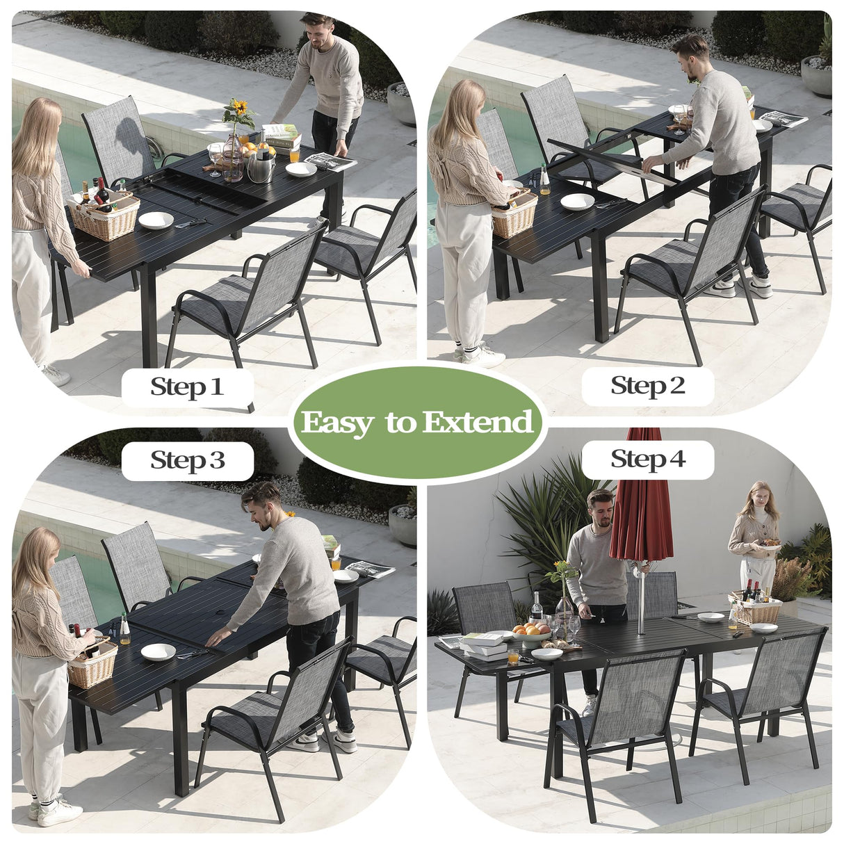 PIZZELLO 11 Pieces Outdoor Dining Set, 106" Aluminum Extendable Patio Dining Table w/ 10Pcs Stackable Textilene Chairs, All Weather Outdoor Table and Chairs Sets for Backyard, Garden and Deck PIZZELLO