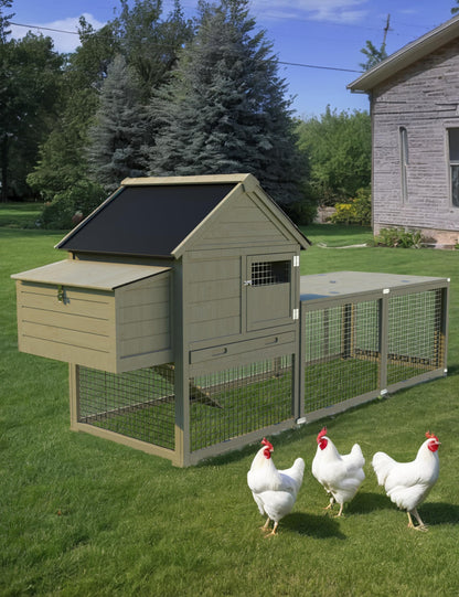 Wooden Chicken Coop, 106" Outdoor Hen House with Run, Waterproof Roof, Nesting Box, Pull-Out Trays & Ramp，Backyard Poultry Cage for Chickens, Ducks, and Rabbits, Lightwood