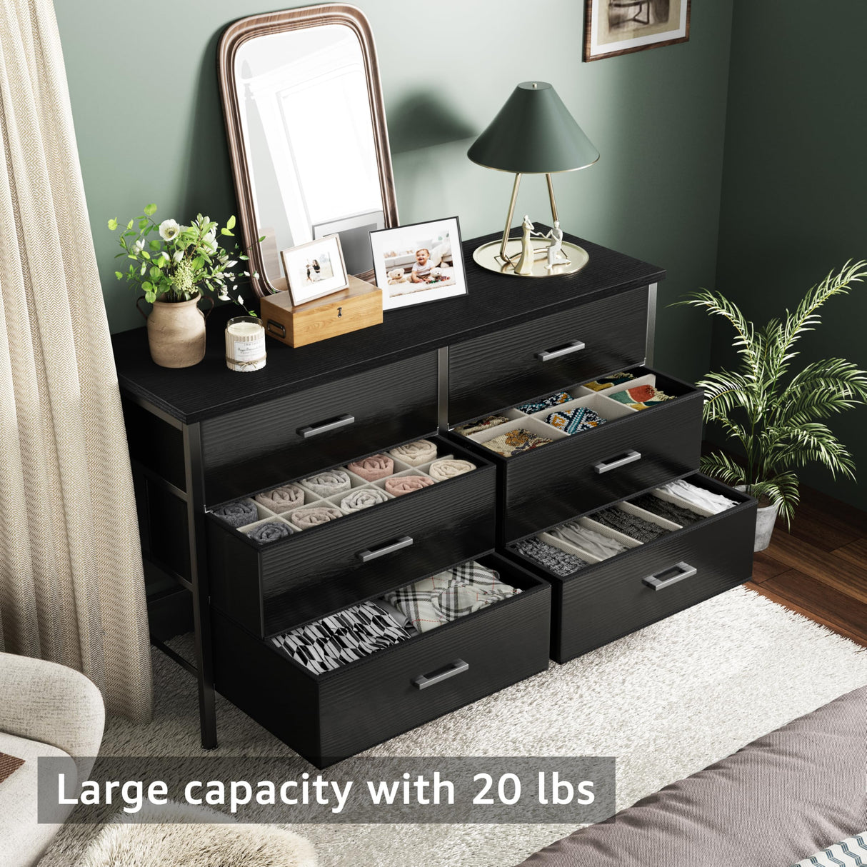 BOLUO Wide Black Dresser for Bedroom 6 Drawer, Dresser TV Stand for 60" TV Dressers & Chests of Drawers Fabric for Closet Modern BOLUO