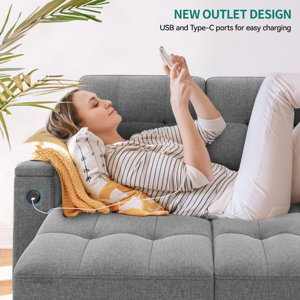 YITAHOME Sleeper Sofa, L-Shaped Sofa Couch w/Chaise & USB, 4-seat Fabric Convertible Couch Bed w/Pull Out Bed & Storage, Reversible Sectional Sofa for Living Room, Light Gray YITAHOME