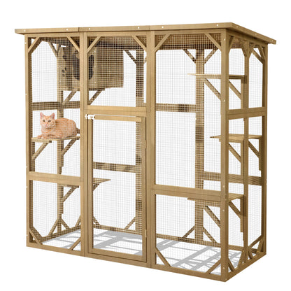 LEISU Large Outdoor Cat House Outdoor Wooden Cat Cage Cat Enclosure with Weatherproof Large Run, Jumping Platforms for Play Catio Cat Patio with Large Entrance Easy to Clean (Begin Color)