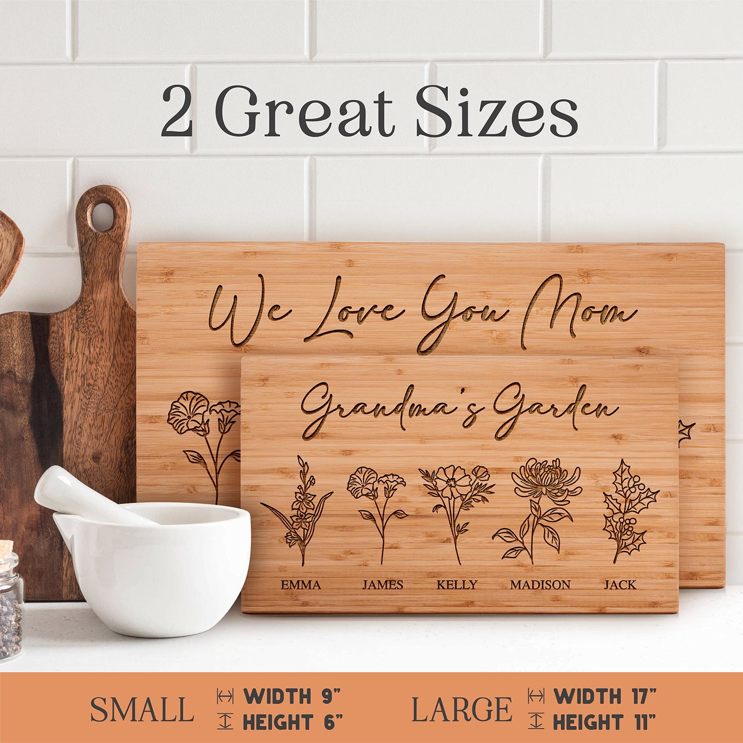 GRANDMA'S GARDEN, Personalized Cutting Board with Birth Flower Design, 9X6", Bamboo, Mothers Day Gifts for Grandma, Custom Engraved Gifts for Mom, Grandma - Grandma Gifts Ideas - 7 Names - WoodArtSupply