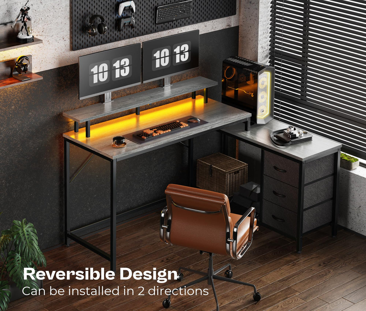 Huuger Reversible L Shaped Computer Desk with Drawers, Gaming Desk with LED Lights and Power Outlets, Office Desk with Storage Shelves, Corner Desk with Monitor Stand, for Home & Office, Gray Huuger