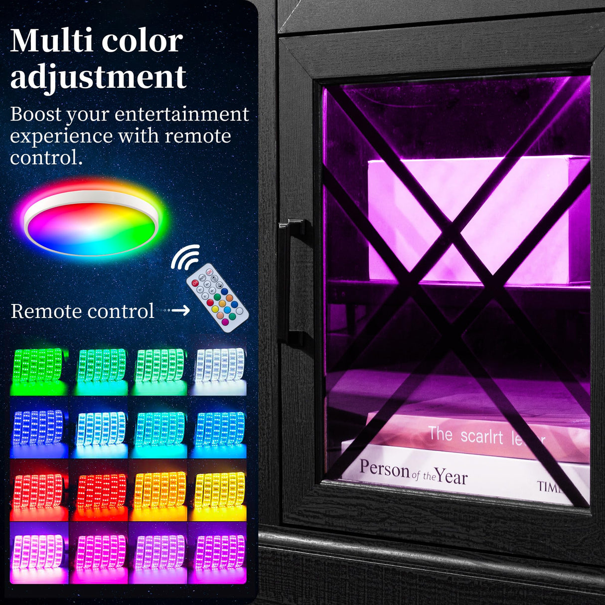 ENOUSHU 70 Inch Farmhouse TV Stand Table for 75 80 inch TV, Modern Entertainment Center with LED Lights and Glass Doors, Wooden Black TV Stands for Living Room ENOUSHU