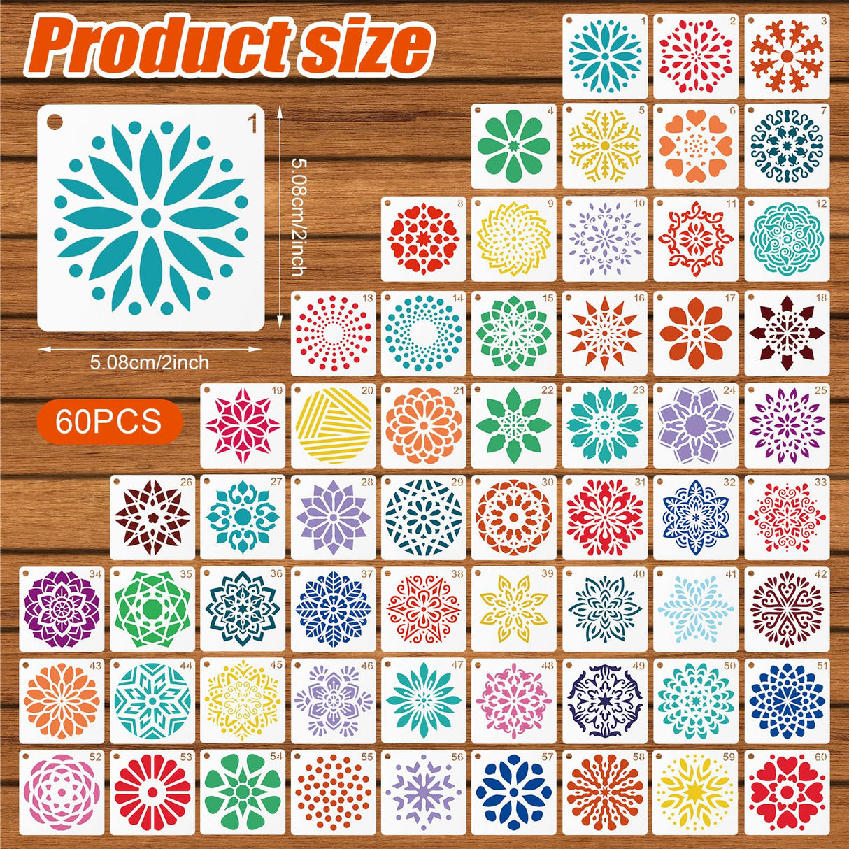 60pcs Mandala Stencils for Painting, 2x2 Inch Reusable Mandala Dotting Stencil PET Crafts Art Drawing Templates for Rocks Wood Furniture Canvas Fabric Decoration DIY Projects (Style 2) BOXOB