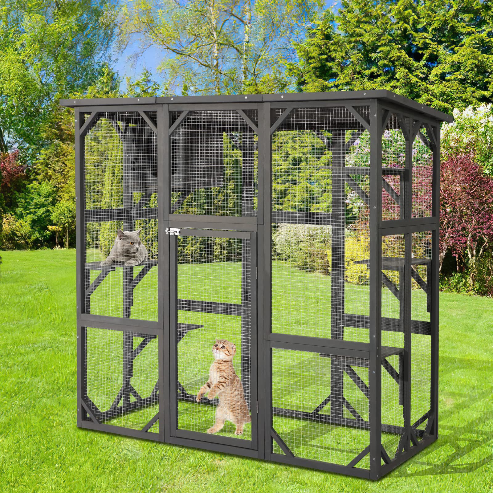 JOVNO Large Outdoor Cat House Catio Kitty Enclosure with Large Enter Door, Wooden Cat Cage Condo Indoor Playpen with 6 Platforms & Small House (Grey) - WoodArtSupply