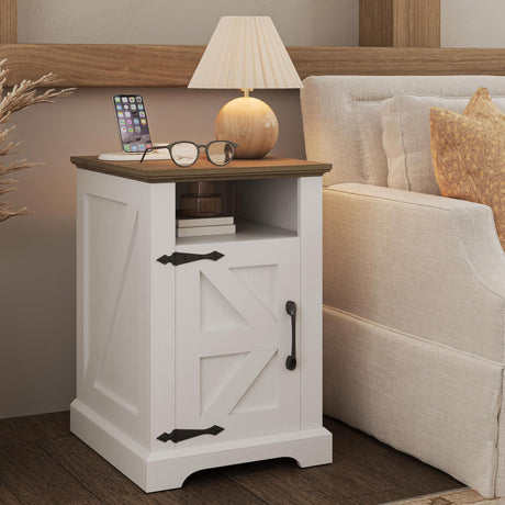 IRONCK Farmhouse Nightstand with Charging Station, Rustic Night Stand with Barn Door and Shelf, Rustic End Table Side Table with Storage for Bedroom, White/Walnut IRONCK
