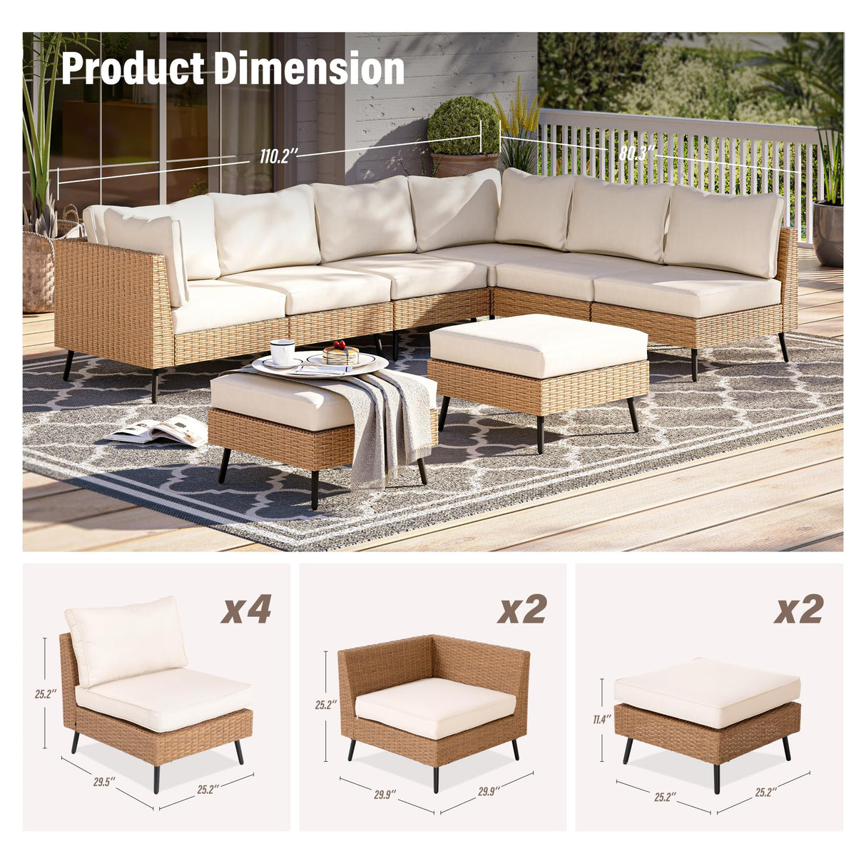 LAUSAINT HOME 8 Piece Outdoor Patio Furniture, Outdoor Sectional Sofa PE Rattan Wicker Patio Conversation Sets with Oversized Cushions, Patio Furniture Sets for Outdoor, Backyard, Lawn, Garden(Beige) LAUSAINT HOME