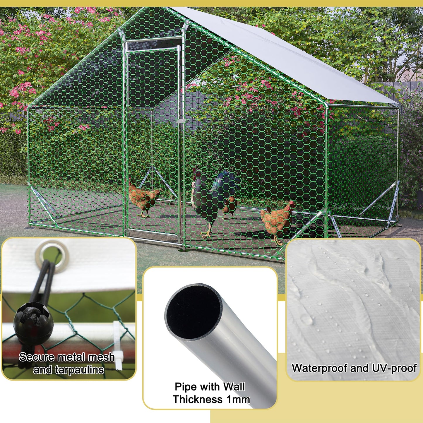 Metal Chicken Coop 10x6.6x6.56ft Walk-in Poultry Cage for 5/10 Chickens Chicken Run Hen Rabbit Duck House with Waterproof Cover for Outdoor Farm Use - WoodArtSupply