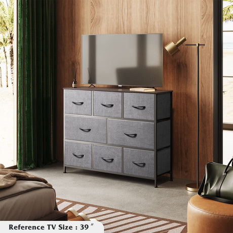 WLIVE Fabric Dresser, Storage Drawer Unit, Bedroom Dresser TV Stand for 32 40 43 inch TV, Wide Dresser with 8 Large Deep Drawers for Office, College Dorm, Dark Grey WLIVE