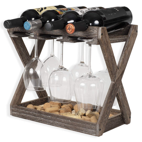 Rustic State Cava Countertop Solid Wood Wine Rack for 4 Bottles and 6 Stemware Glass Holder Cork Storage Tabletop Tray Freestanding Organizer - Home, Kitchen, Dining Room Bar Décor - Walnut Rustic State