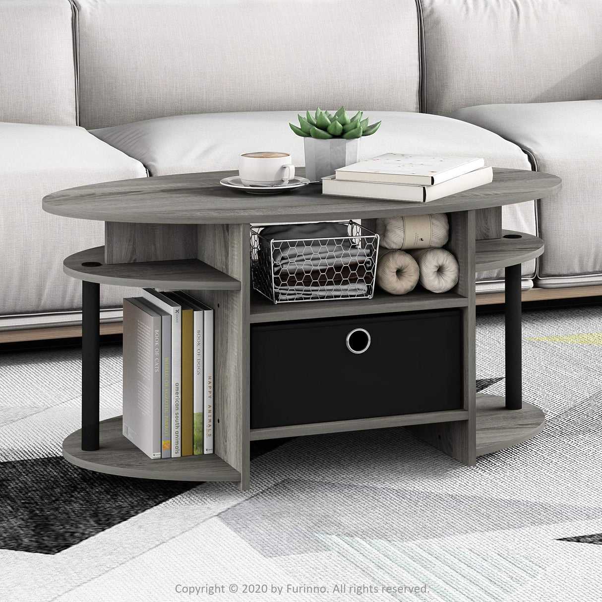Furinno Jaya Oval Coffee Table, French Oak Grey/Black/Black Furinno