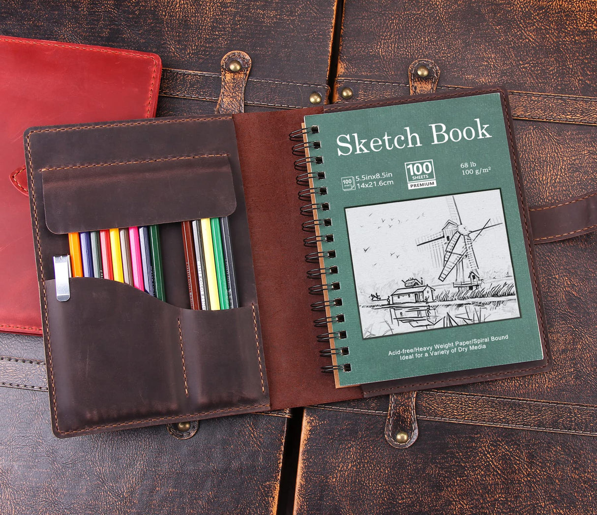 Robrasim Handmade Leather Sketchbook Cover, Leather Artist Sketch Pad Cover for 5.5" x 8.5" Sketchbook, Drawing Book and Pencil Case, Journal Notebook Portfolio, Artis Gifts-Coffee Robrasim