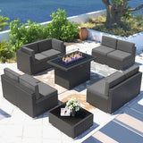 Vakollia 10 Pieces Patio Furniture Set with 44" Propane Gas Fire Pit Table, Outdoor Sectional Wicker Conversation Sofa Sets with Coffee Table Vakollia