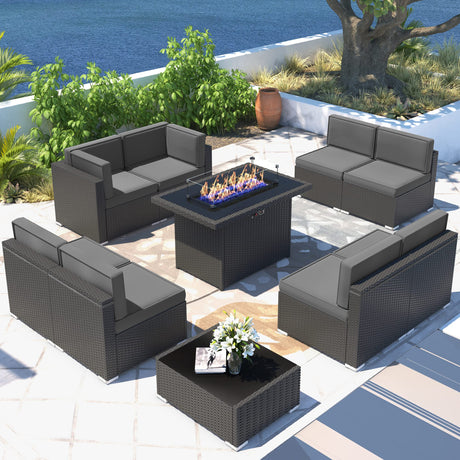 Vakollia 10 Pieces Patio Furniture Set with 44" Propane Gas Fire Pit Table, Outdoor Sectional Wicker Conversation Sofa Sets with Coffee Table Vakollia