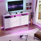 Dresser for Bedroom White Bedroom Dresser with LED Lights and Charging Station, 12 Long Fabric Drawers Dressers, Tall Wide Chest of Drawers Storage Organizer TV Stand for up to 65" TV for Living Room SOOWERY
