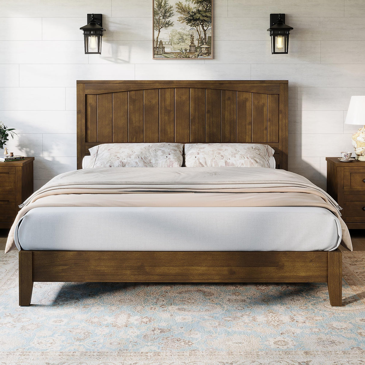 AMERLIFE Solid Wood Bed Frame with 48" Headboard, Mid-Century Modern Platform Bed with Durable Wooden Slats, No Box Spring Needed, Easy Assembly, Quiet, Full Size, Chestnut Finish AMERLIFE