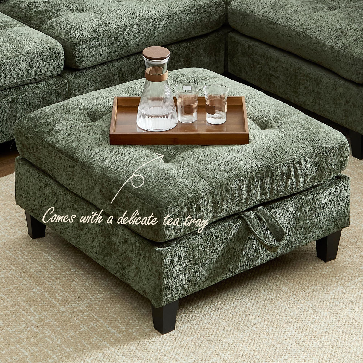 Luxe Oversized Modular Sectional Sofa, Modern Chenille Convertible Sleeper Sofa with Storage Ottoman, Comfy Deep Seat U-Shaped Cloud Couch for Living Room（Green，5-Seater + 1*Ottoman+ Tea Tray） smilesun