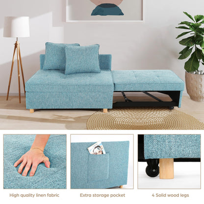 SEJOV Sofa Bed, 4-in-1 Convertible Sleeper Sofa, Pull Out Couch with 3 Seater, Sofa Chair with 5 Adjustable Backrests, 71’’ Linen Couch with 2 Pillow, Loveseat for Living Room, Sky Blue