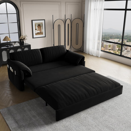 Winterstorm 62" Queen Pull Out Futon Sofa Bed with USB Ports, 3-in-1 Modern Convertible Sleeper Sofa with Side Pocket, Comfy Velvet Loveseat Couch for Living Room Bedroom Apartment (Queen, Black) Winterstorm