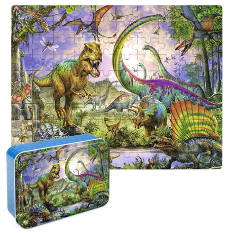 LELEMON Puzzles for Kids Ages 4-8,Dinosaur 100 Piece Puzzles for Kids,Educational Kids Puzzles Jigsaw Puzzles in a Metal Box,Children 100 Piece Puzzle Games Puzzle Toys for Girls and Boys LELEMON