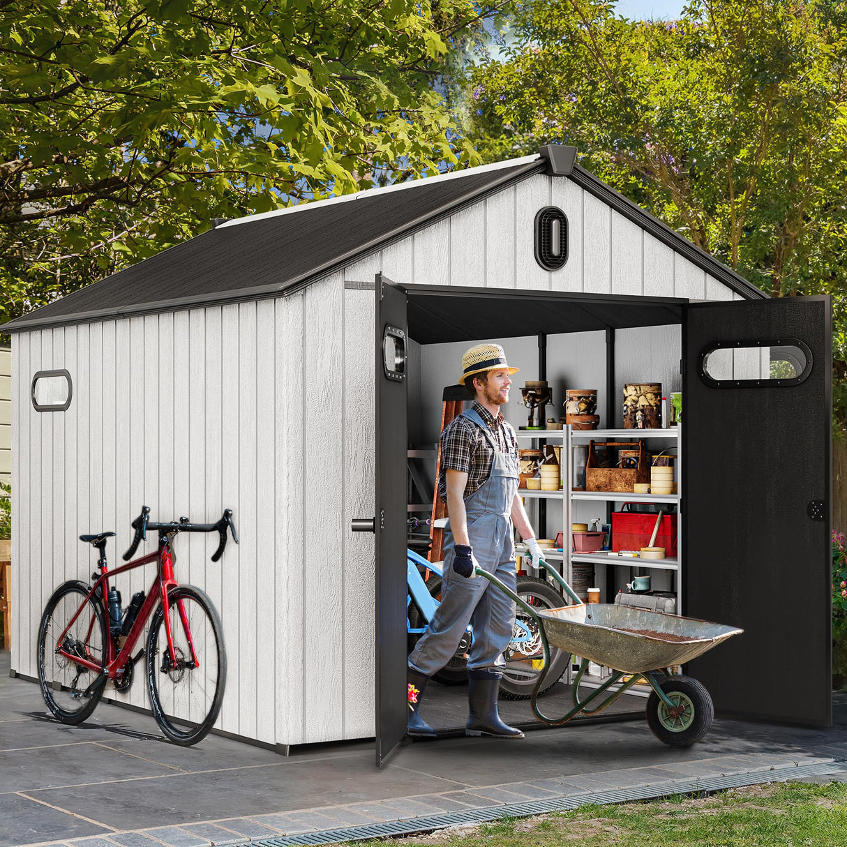 YITAHOME 8x10ft Resin Storage Structure, Outdoor 544 cuft Plastic Garden Storage Unit with Windows, Vents and Lockable Entrance, Waterproof Tool Organizer with Flooring for Lawn Equipment，Gray YITAHOME