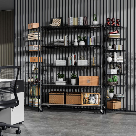 5 Tier 7500lbs Capacity NSF Metal Shelf Wire Shelving Unit, Heavy Duty Adjustable Storage Rack with Wheels & Shelf Liners for Commercial Grade Utility Steel Storage Rack, Black - 82"H x 60"L x 24"D pouseayar