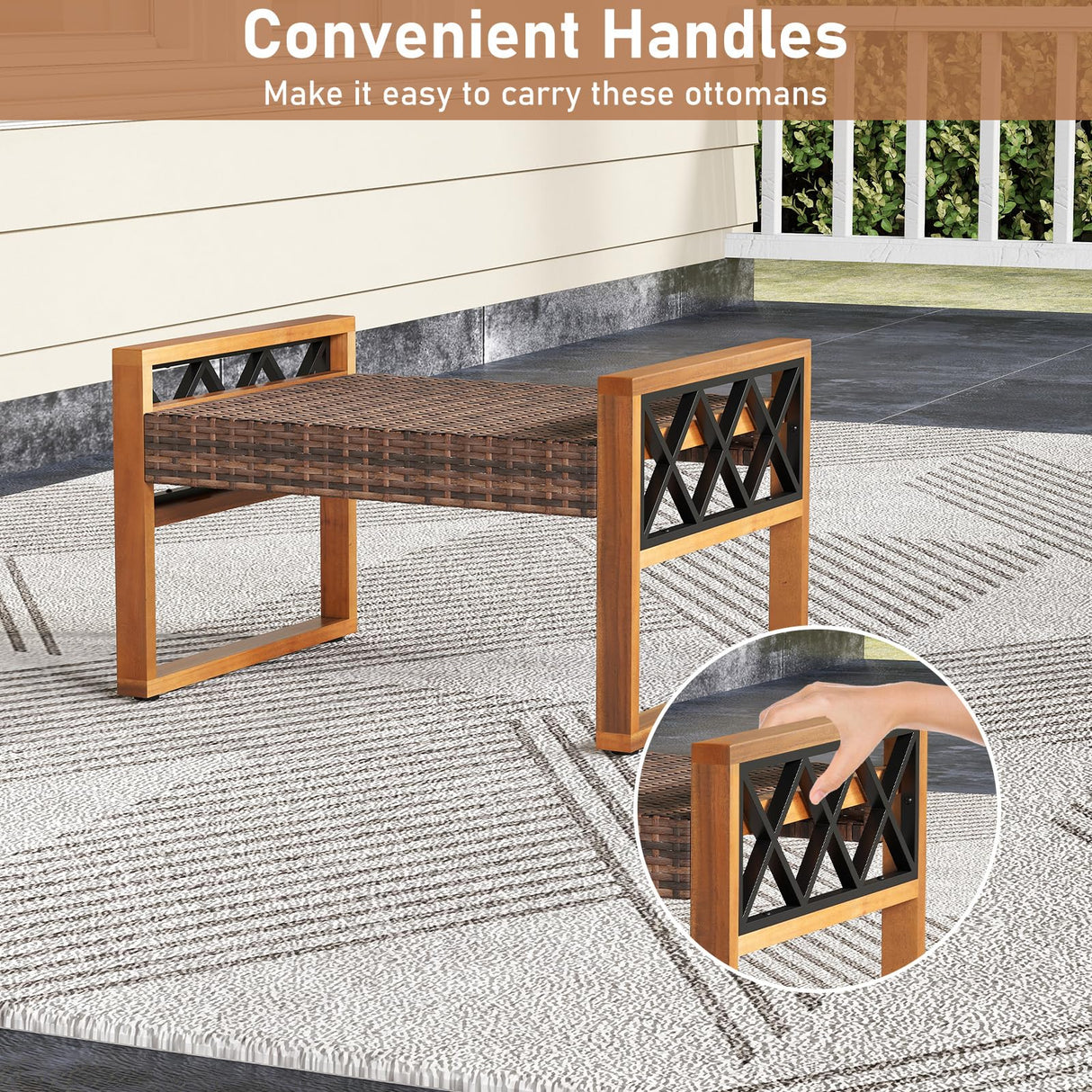 RELAX4LIFE Wicker Outdoor Ottomans for Patio - Set of 2 Rattan Outside Footstool w/Removable Cushion, Wood & Metal Frame, 3-in-1 Foot Rest, Extra Seating & Side Tables for Porch Backyard Poolside RELAX4LIFE