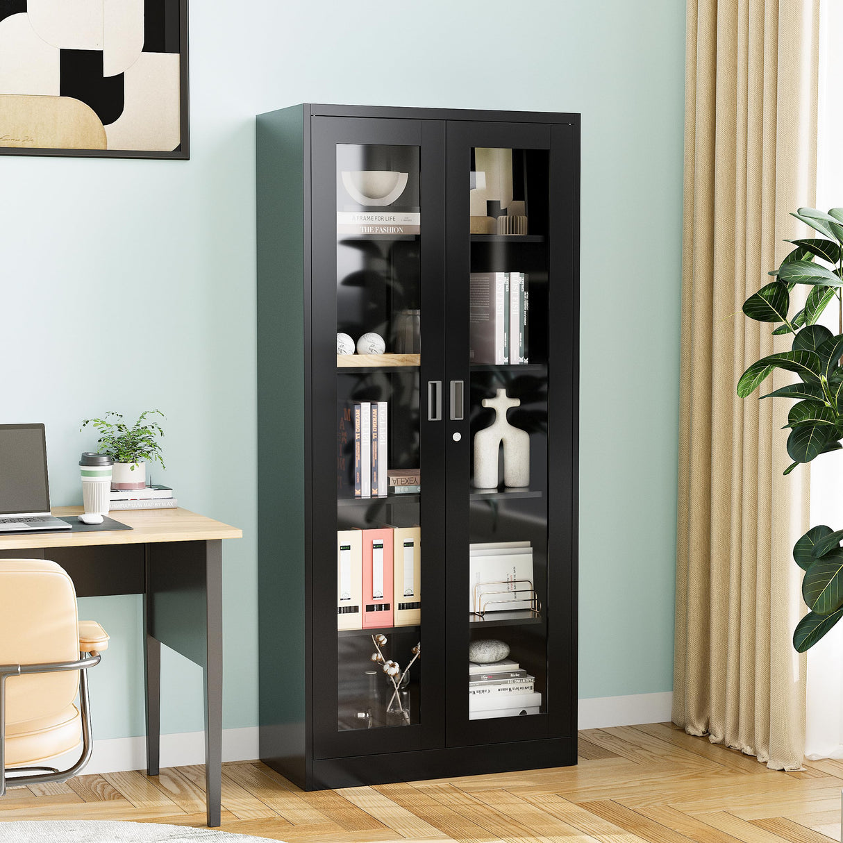 PEUKC Display Cabinet-71 Inches 4 Adjustable Shelves Curio Cabinets with Locking Glass Doors Display Case for Collectibles, Cosmetics, Hydroponics, Books (Black,Assemble Required) PEUKC