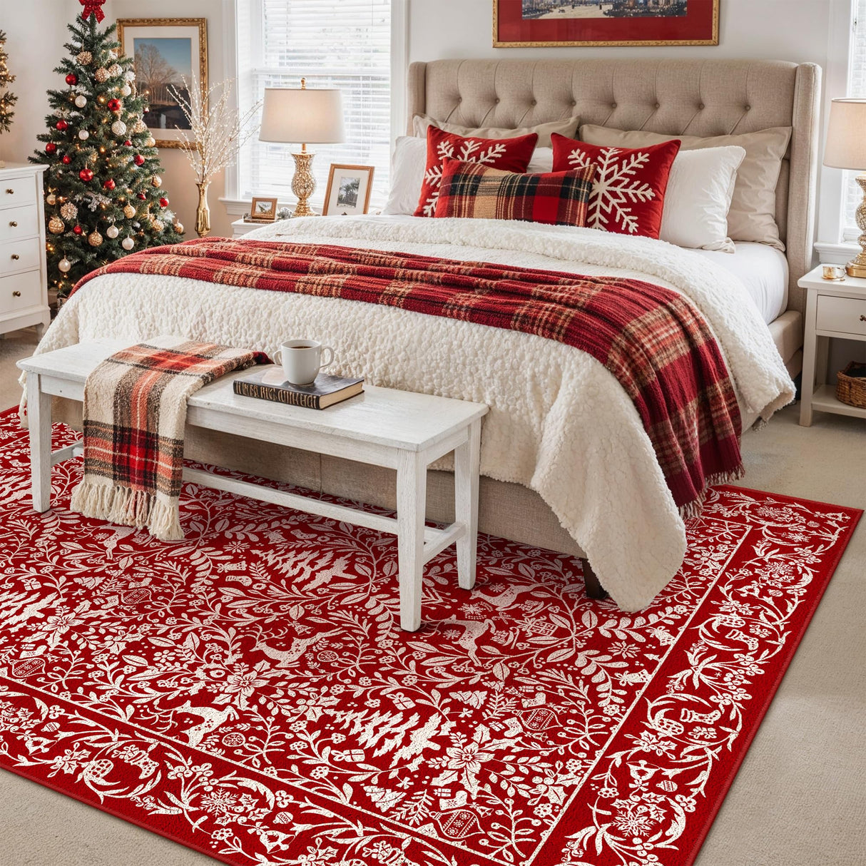 WondRg Christmas Area Rug 5x7 Red Washable Non-Slip Holiday Area Rug Reindeer Christmas Tree Carpet for Living Room Bedroom Dining Room Playroom Office WondRg