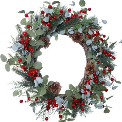 DIYFLORU 20 Inches Christmas Wreath Winter Wreaths Artificial Christmas Wreaths for Front Door Christmas Berry Wreath with Pine Needles Pine Cones Red Berries for Home Window Porch Winter Decorations