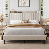 Yaheetech Queen Bed Frame with Headboard, Upholstered Headboard with Charing Station and Storage Shelf, Platform Bed Frame, No Box Spring Needed, Easy Assembly, Beige Yaheetech