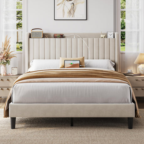 Yaheetech Queen Bed Frame with Headboard, Upholstered Headboard with Charing Station and Storage Shelf, Platform Bed Frame, No Box Spring Needed, Easy Assembly, Beige Yaheetech