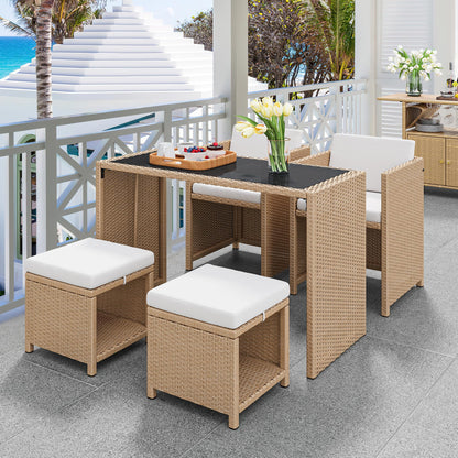 YITAHOME Light Yellow 5-Piece All-Weather Wicker Outdoor Bar Set with Tempered Glass Tabletop - WoodArtSupply