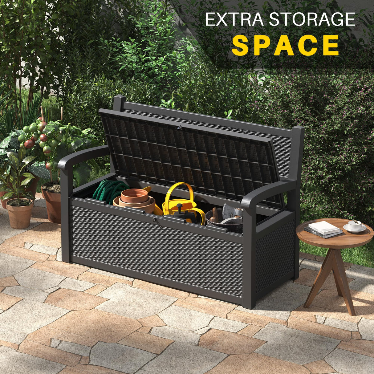 GULAIMOAO 80 Gallon Outdoor Storage Box, Deck Box with Waterproof and UV Resistant, Resin Patio Furniture with Lockable for Garden Tools and Pool Supplies, Black GULAIMOAO