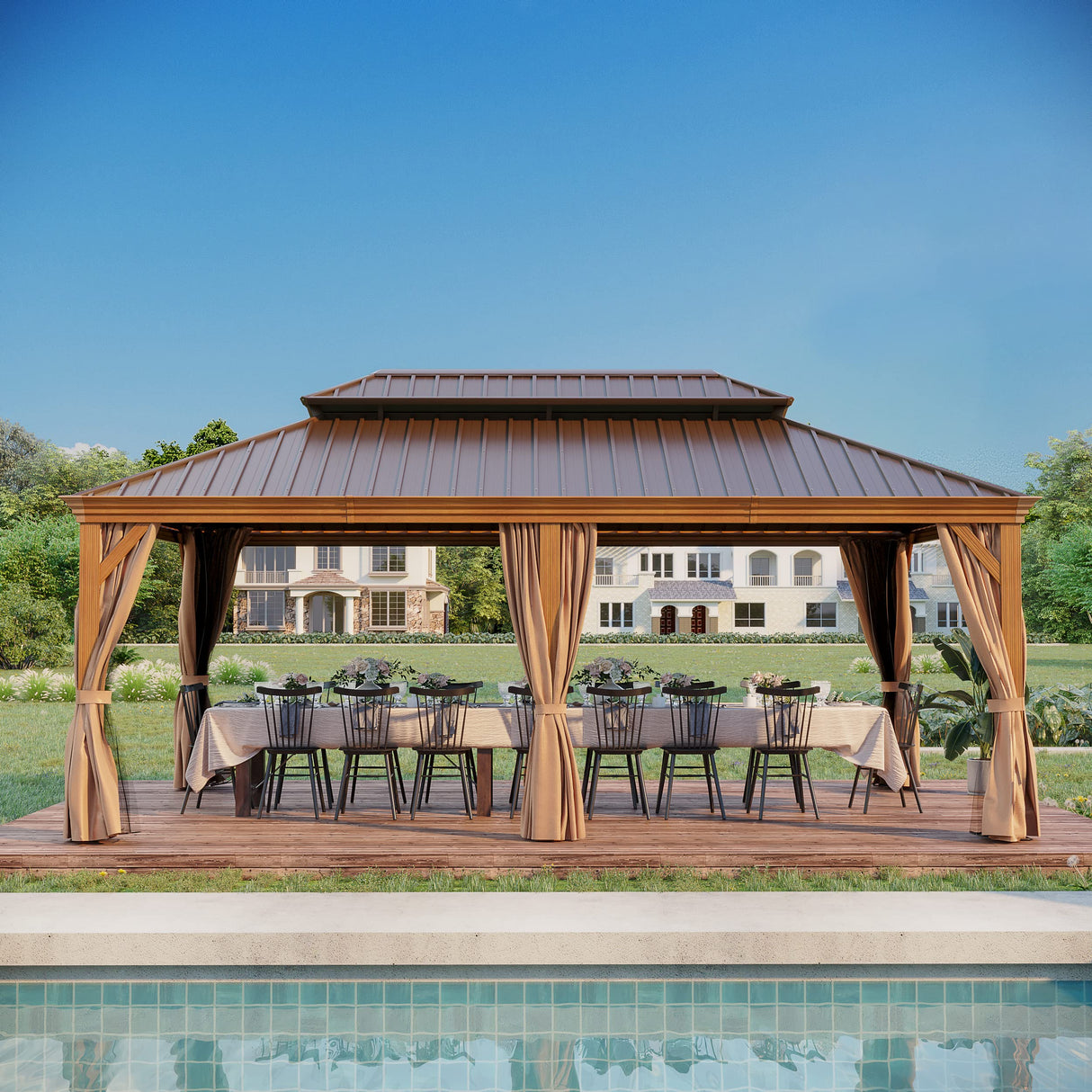 GAZEBEST 12' X 20' Permanent Hardtop Gazebo, Outdoor Galvanized Steel Double Roof Pavilion Pergola Canopy Wood-Looking with Aluminum Frame and Privacy Curtains for Garden,Patio Backyard,Deck and Lawns GAZEBEST