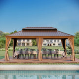 GAZEBEST 12' X 20' Permanent Hardtop Gazebo, Outdoor Galvanized Steel Double Roof Pavilion Pergola Canopy Wood-Looking with Aluminum Frame and Privacy Curtains for Garden,Patio Backyard,Deck and Lawns GAZEBEST