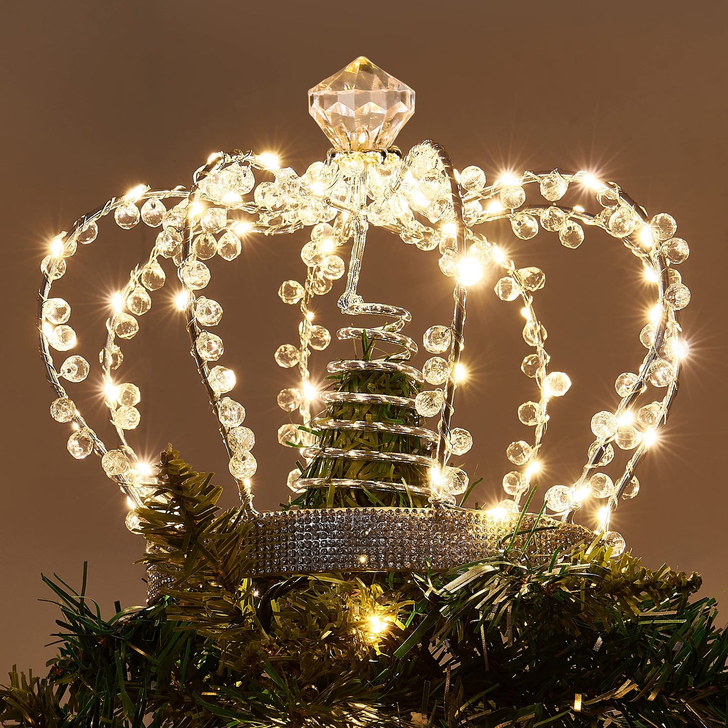 PEIDUO Christmas Jeweled Crown Tree Topper, Light up Tree Topper with 60 Warm White Lights, Large Christmas Topper Unique with Multifunction Controller, Metal Xmas Topper Decorations for Tree, Plug in