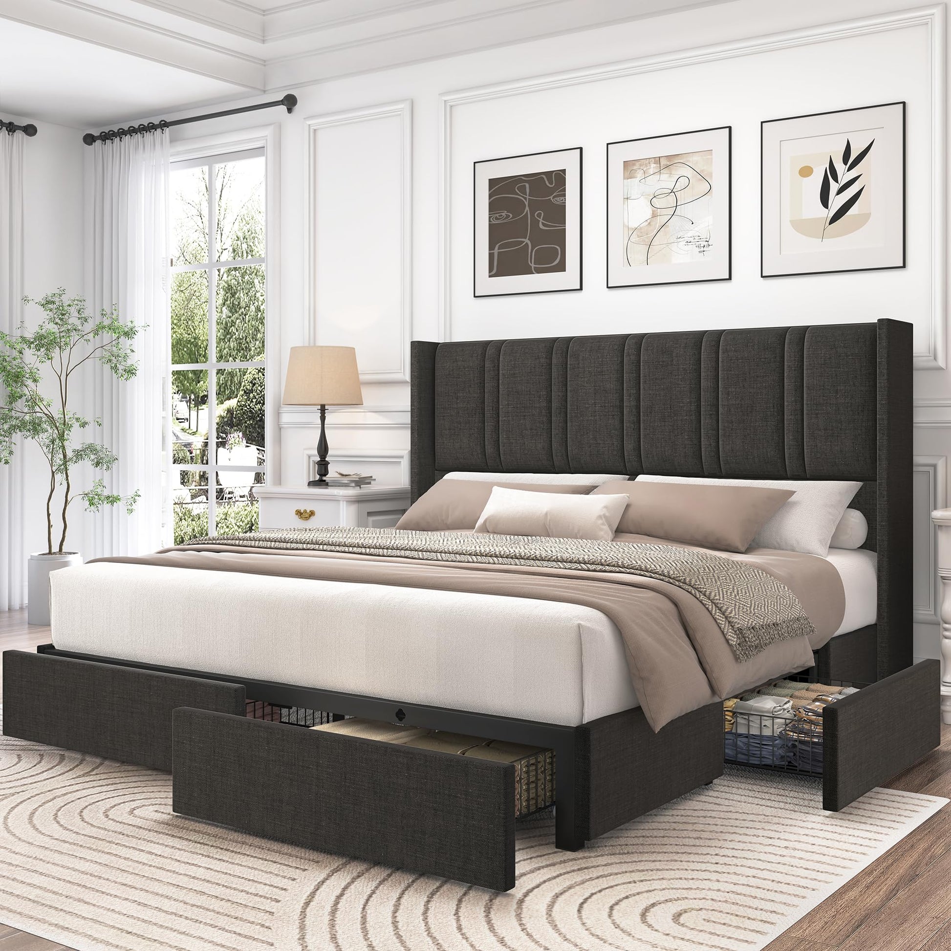 LARMACE Dark Gray Queen Size Bed Frame with 4 Storage Drawers and Elegant Tufted Headboard - WoodArtSupply