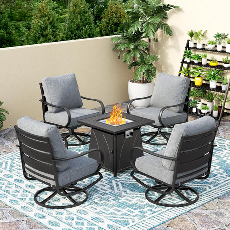 PHI VILLA 5 Piece Patio Furniture Set with 28" Firepit Table, 4 Outdoor 5.75" Cushioned Metal Frame Swivel Sofa Chairs & 28" Gas Firepit Table, Outside Furniture Set for Lawn Garden(Grey) PHI VILLA