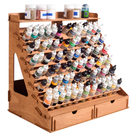 Plydolex Paint Organizer for 105 Paint Bottles and 14 Brushes - Paint Holder with 6 Miniature Stands - Paint and Brush Storage for Miniature Paints Plydolex