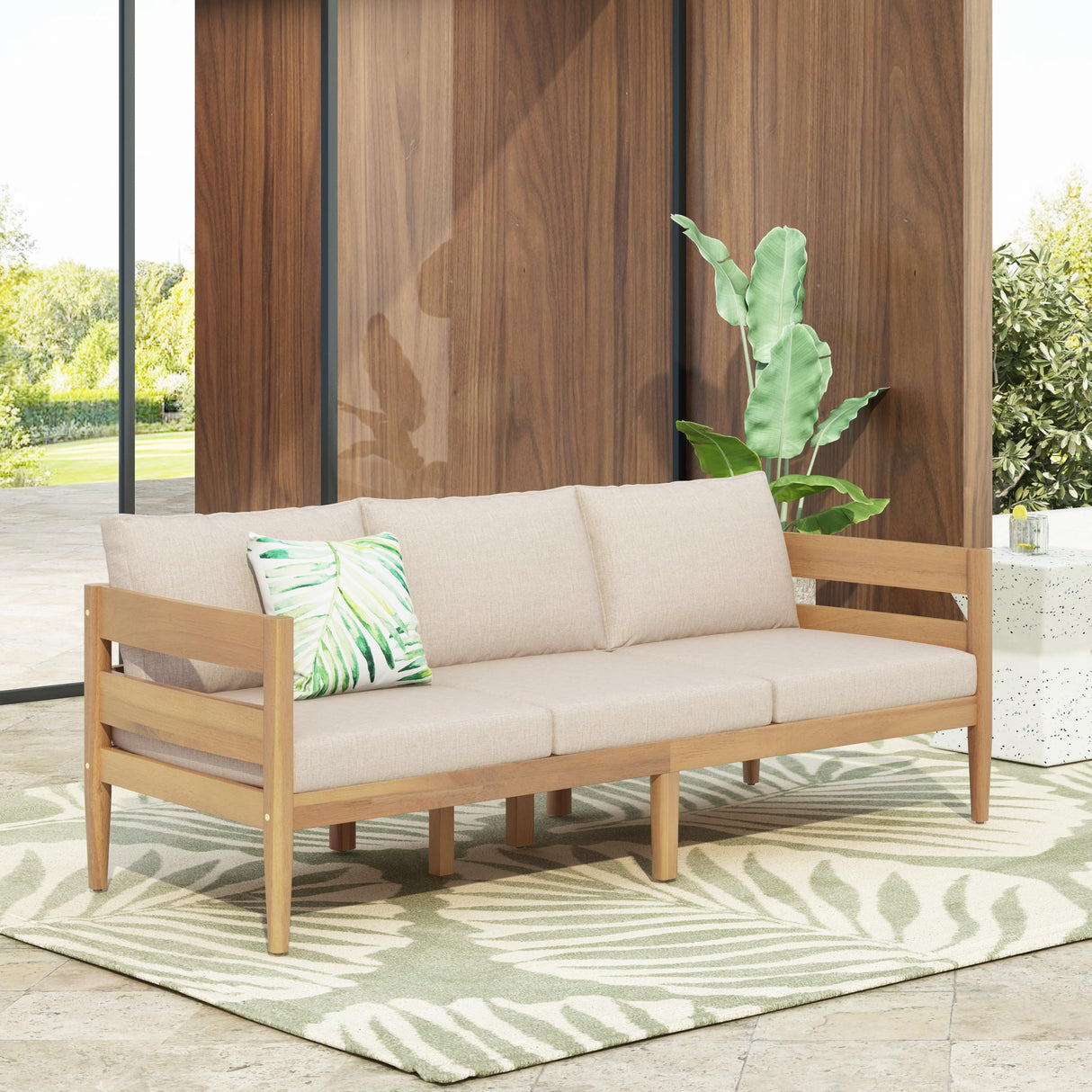 Christopher Knight Home Kavets 76.25'' W Outdoor 3 Seater Sofa with 5" Cushion, Acacia Wood Patio Sofa, Modern Slat Panel Bench, Spacious Seating Couch for Backyard Garden Porch, Light Teak+Beige Christopher Knight Home