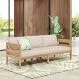 Christopher Knight Home Kavets 76.25'' W Outdoor 3 Seater Sofa with 5" Cushion, Acacia Wood Patio Sofa, Modern Slat Panel Bench, Spacious Seating Couch for Backyard Garden Porch, Light Teak+Beige Christopher Knight Home